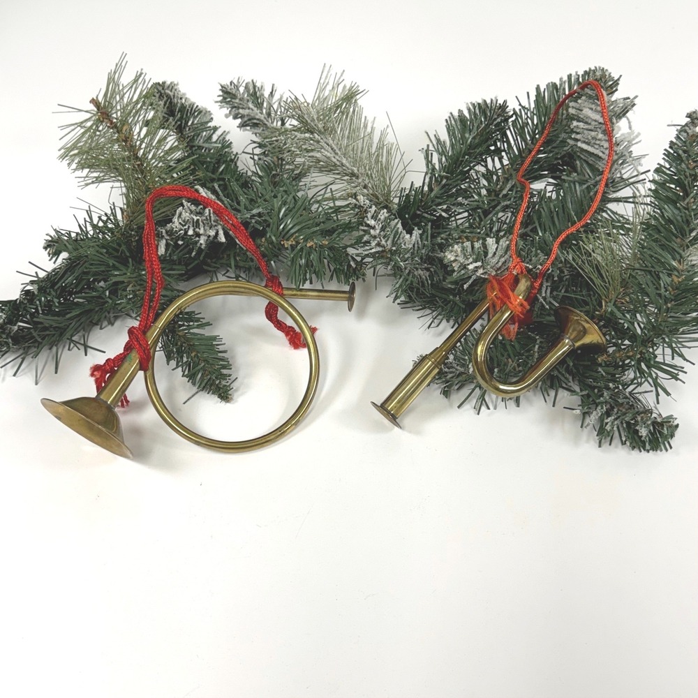 Vintage Brass Horn Christmas Ornaments Set of 2 French Horn Trumpet Musical